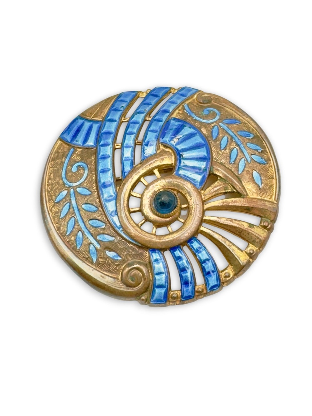 Vintage Art Deco Swirling Blue Enamel & Glass Cabochon Brass Brooch
